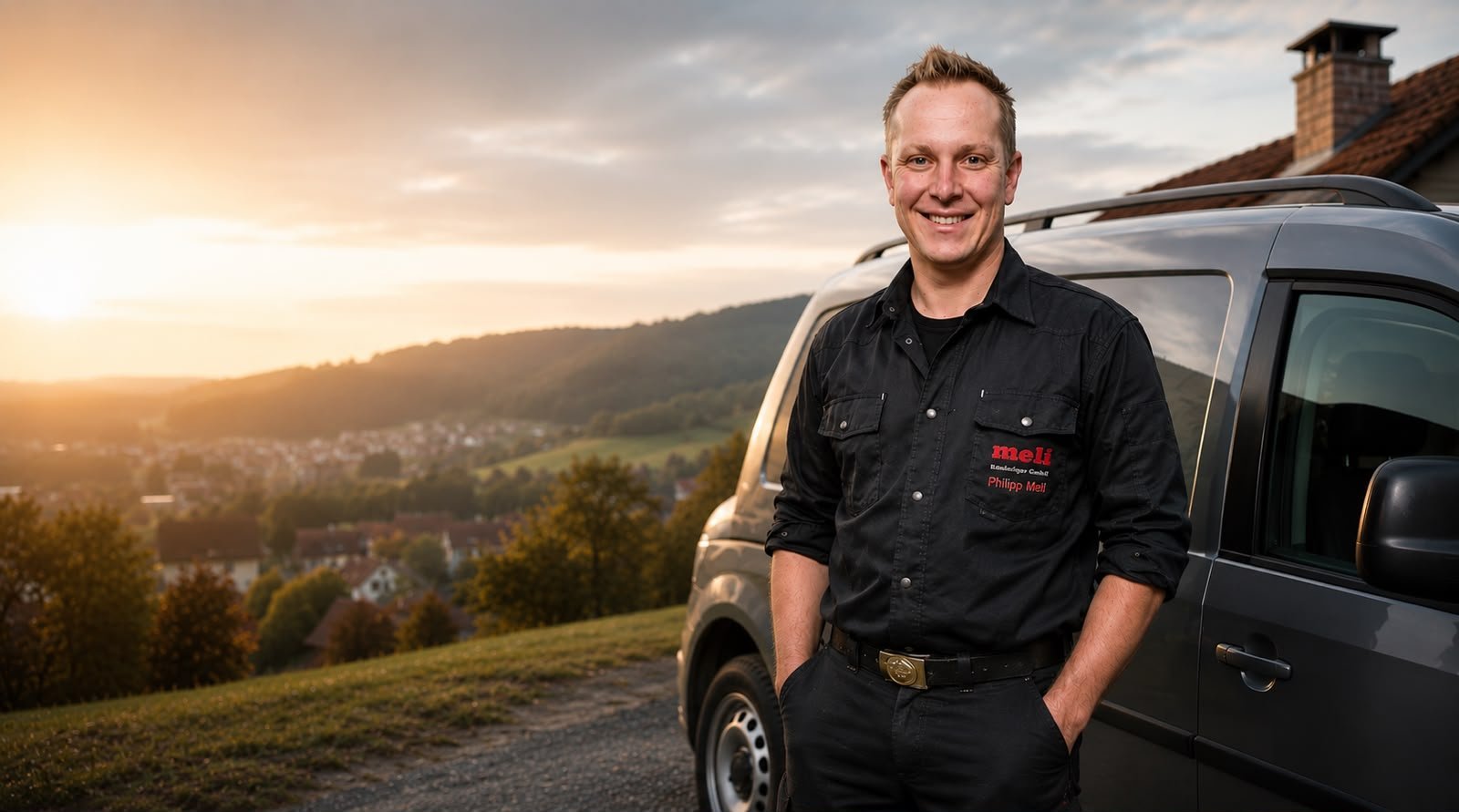 Mann im schwarzen Arbeitshemd steht neben einem Lieferwagen bei Sonnenuntergang mit Blick auf ein Wohntal mit bewaldeten Hügeln
